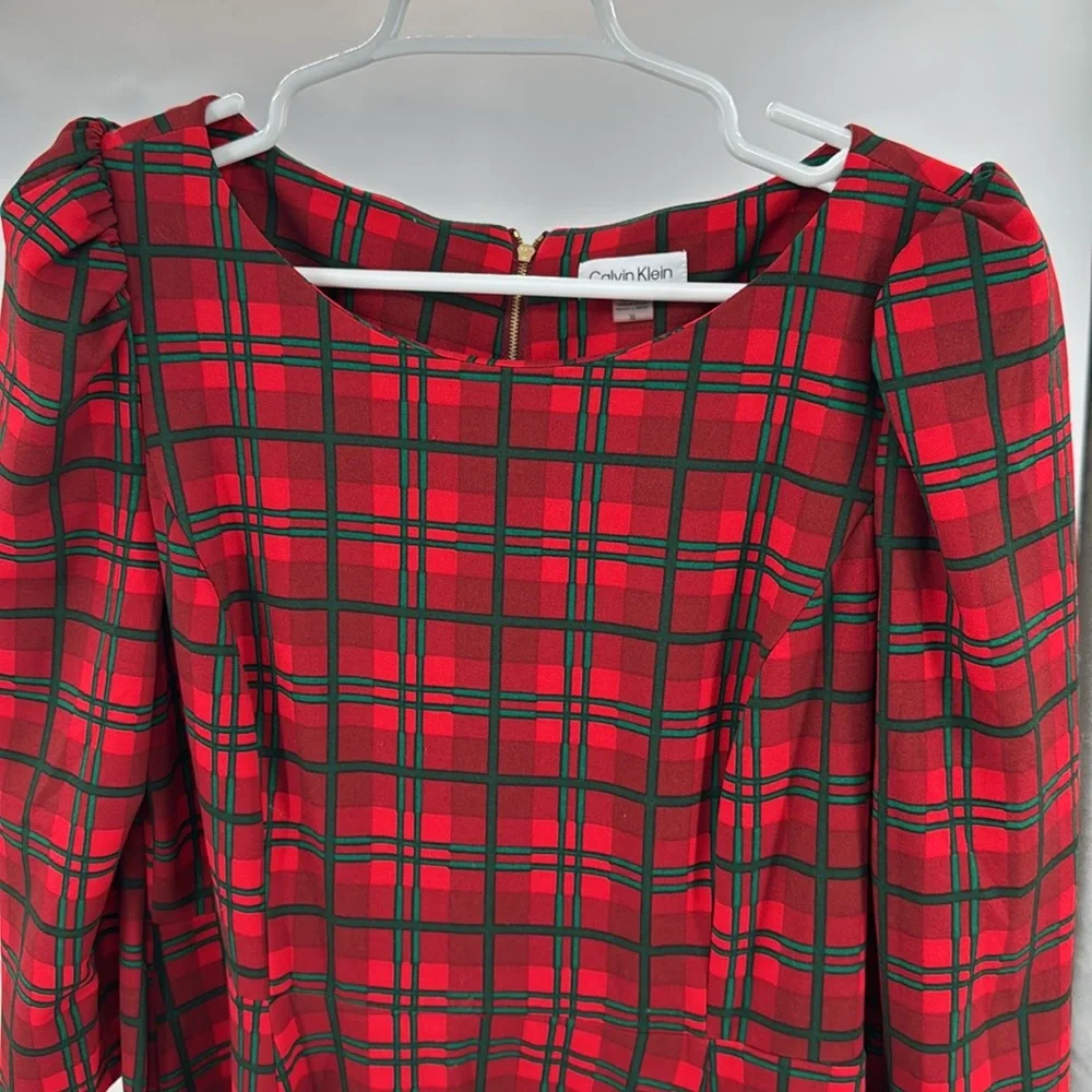 Calvin Klein Red and Green Plaid Midi Dress 3/4 sleeve puff shoulder holiday 16 - Picture 6 of 12